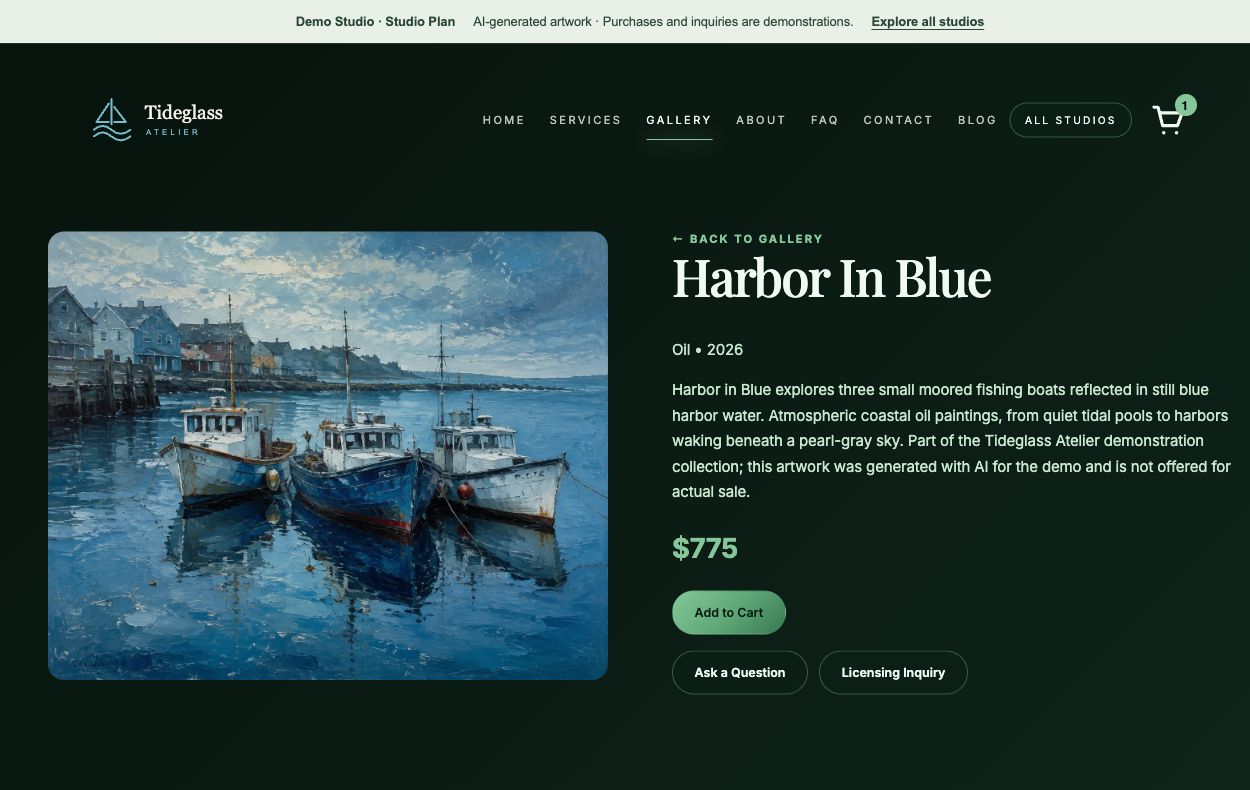Tideglass Atelier · Studio demo. An artwork page connects the image and its context to purchase, question, and licensing entry points; no real sale is made.