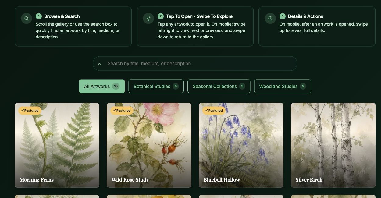 Fern & Field · Free demo. Search and categories help visitors explore a display-only gallery of AI-generated artwork.