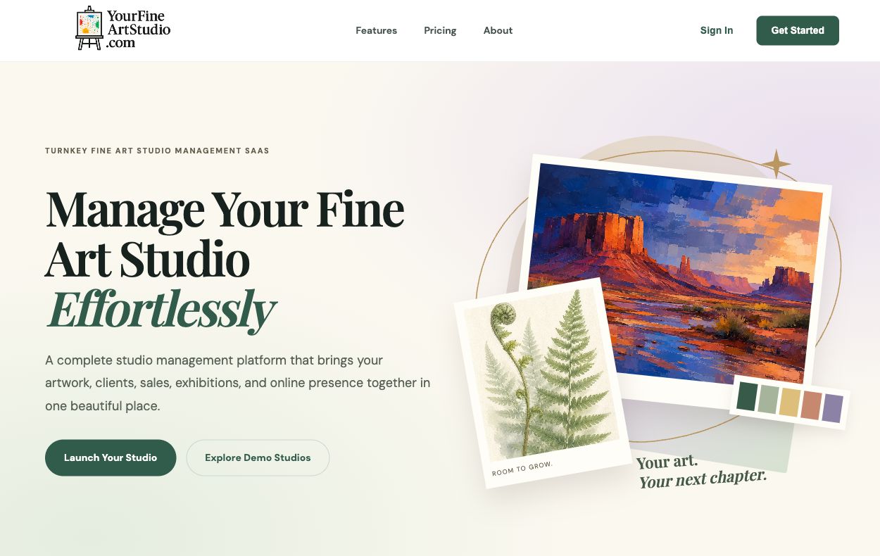 Your Fine Art Studio public platform, introducing gallery creation and studio management