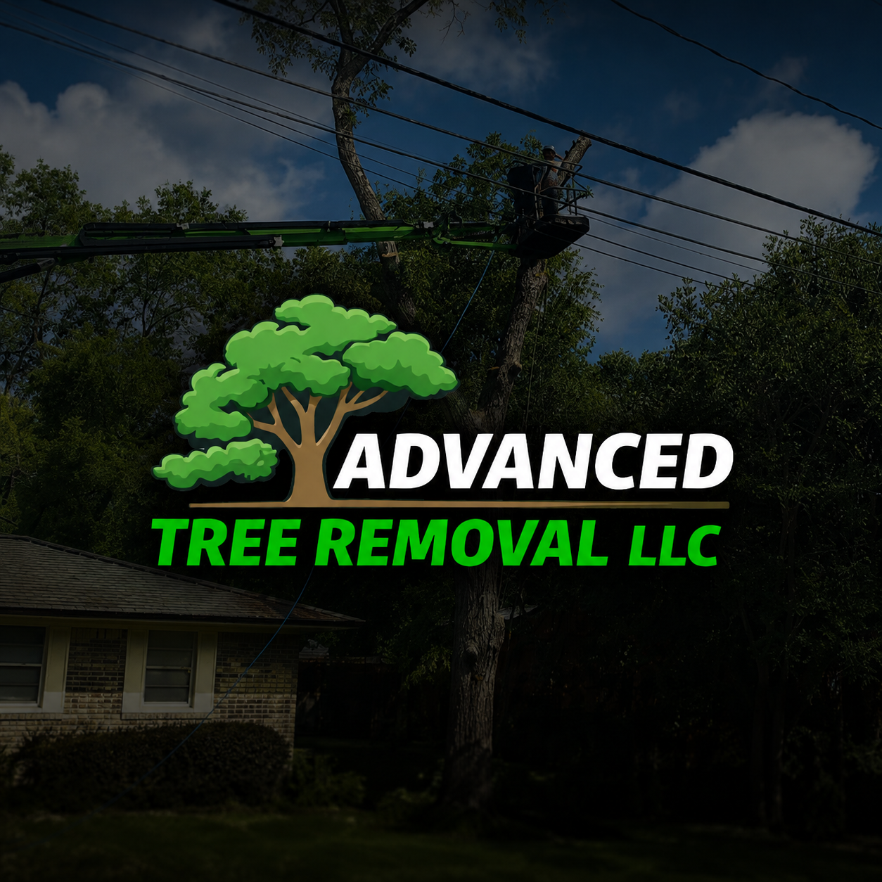 Advanced Tree Removal identity over a tree-service crew working from an aerial lift