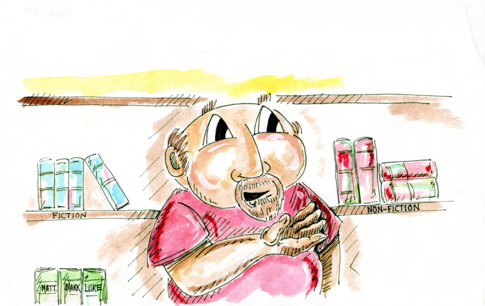 Watercolor illustration of Cecil Wise reading in front of bookshelves