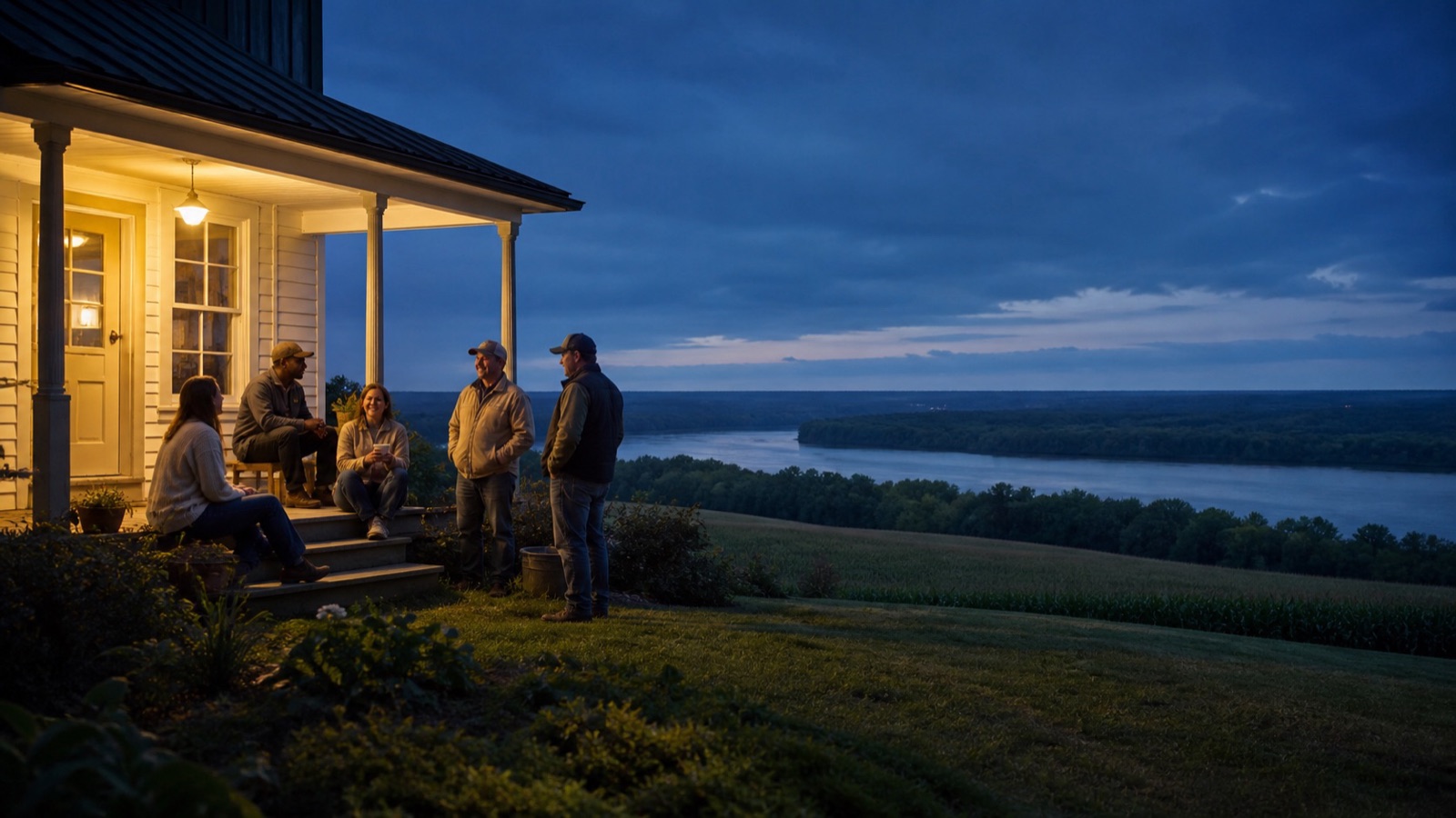People gathered on a Kentucky porch overlooking the river at dusk