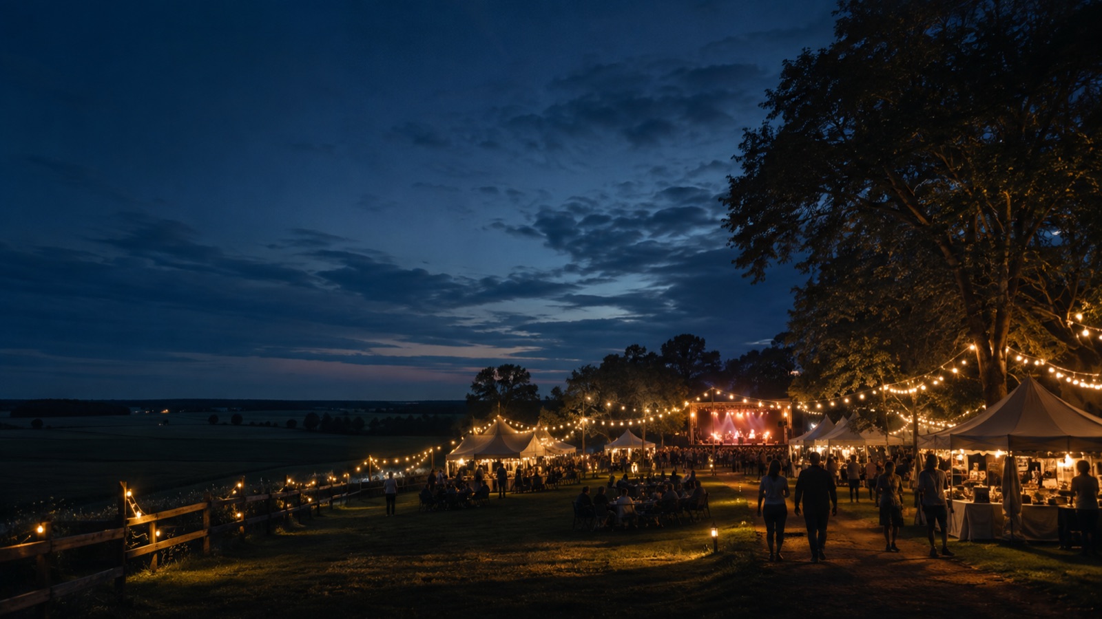 An outdoor Kentucky festival glowing under string lights at night
