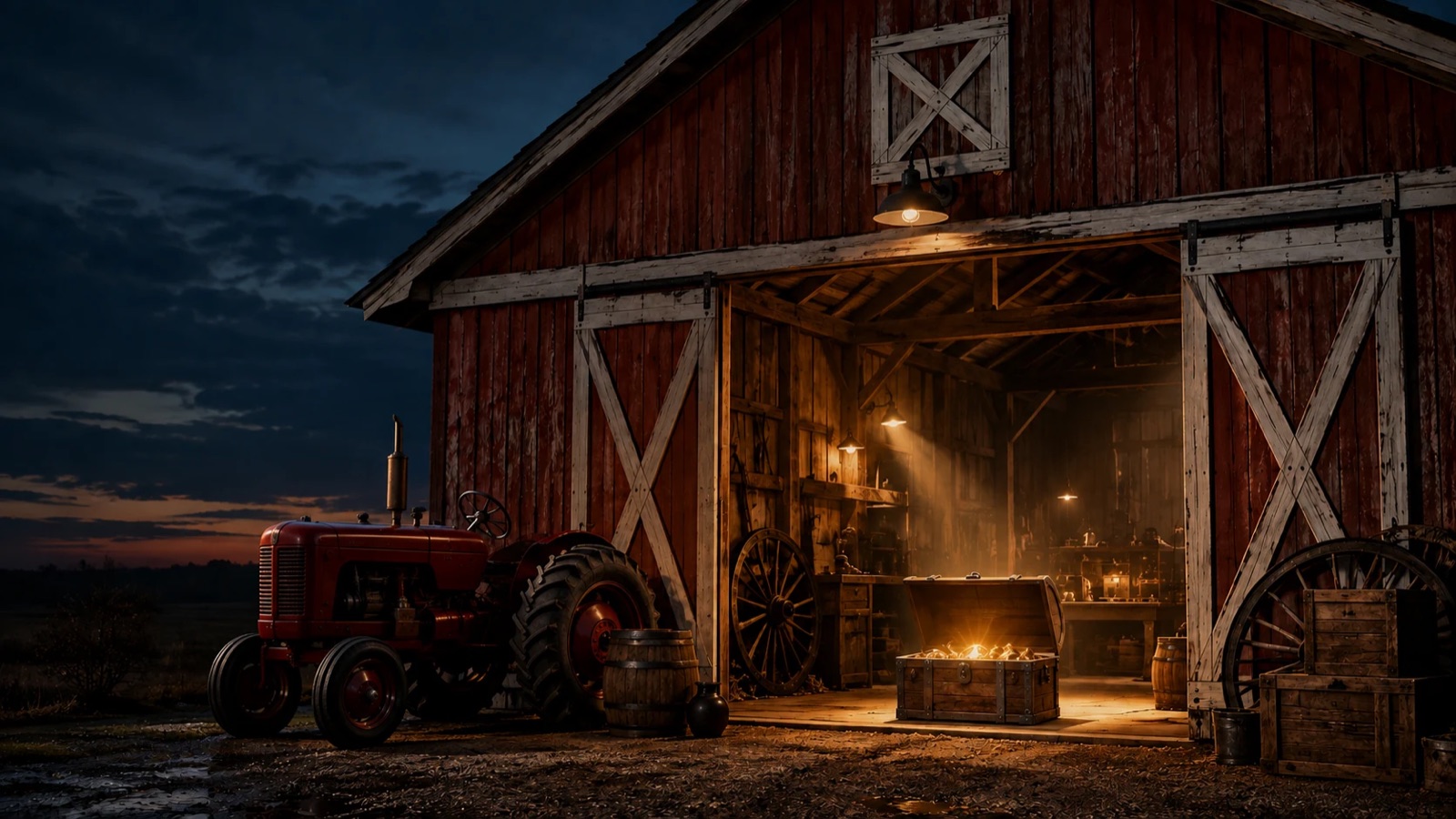 A picker’s barn and workshop glowing at blue hour