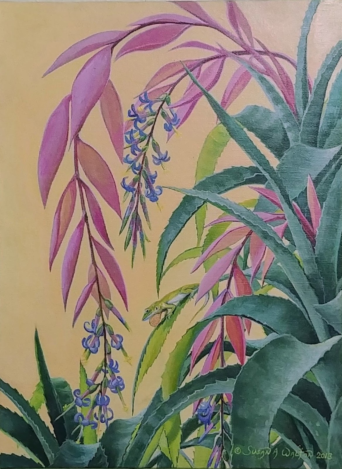 A green anole among bromeliads and delicate flowers