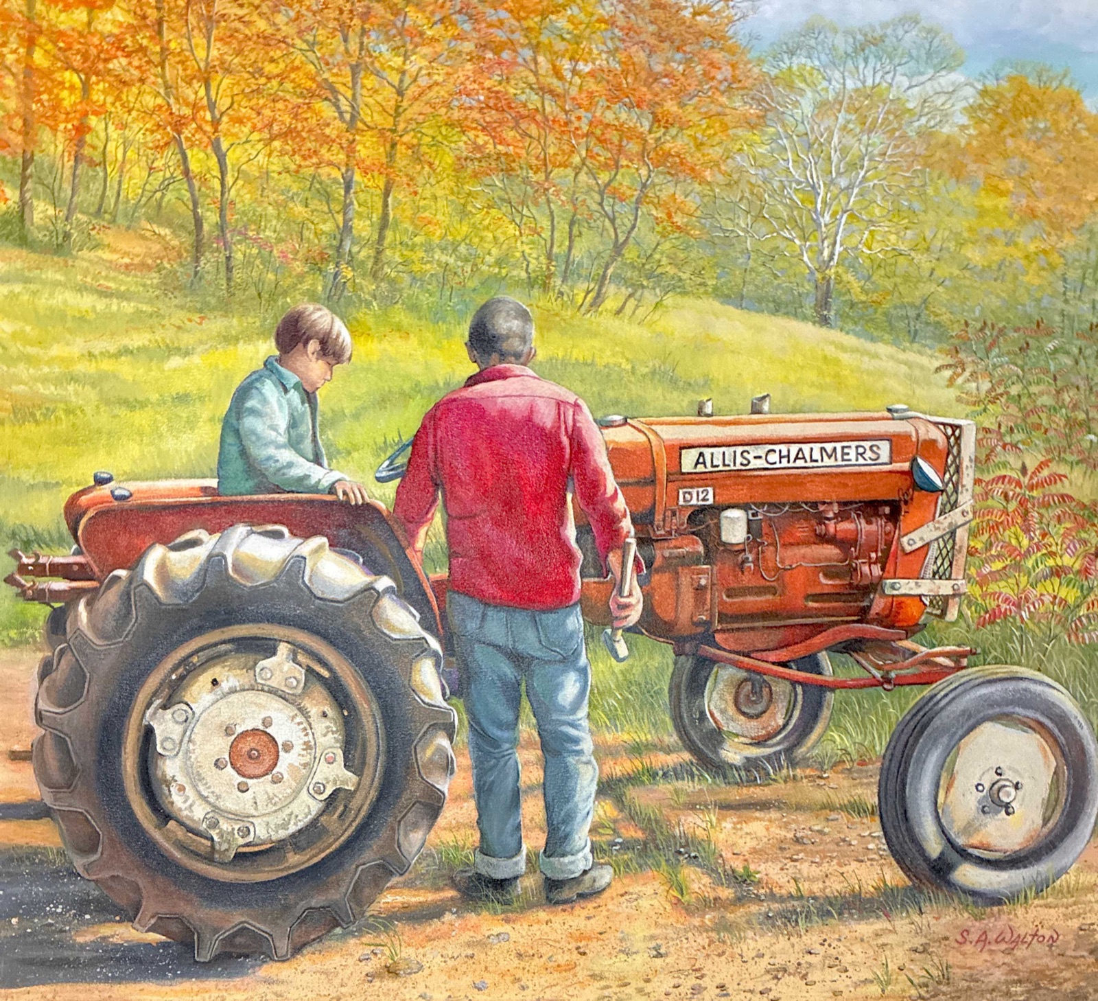 S. A. Walton painting of two people repairing an Allis-Chalmers tractor