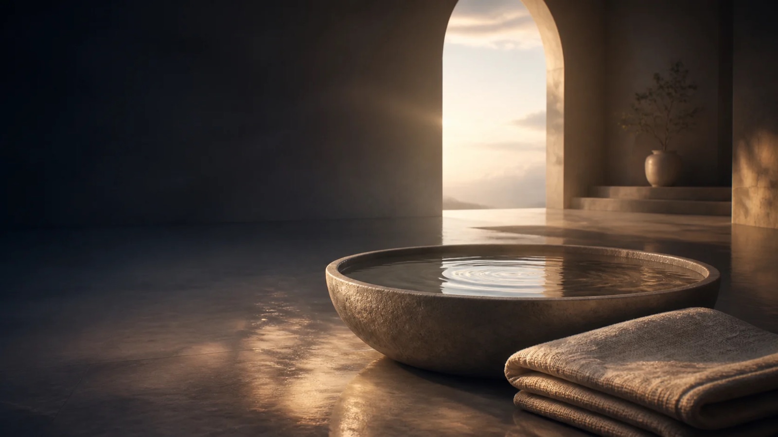 Stone basin and folded linen illuminated by quiet dawn light